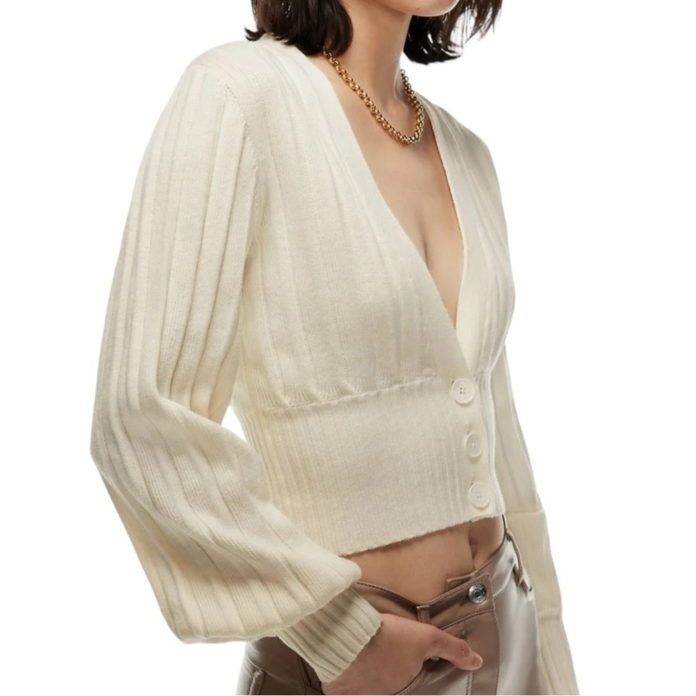 WILFRED Plunge Button Front Cardigan Knit Wool Long Sleeve Cropped Neutral XS